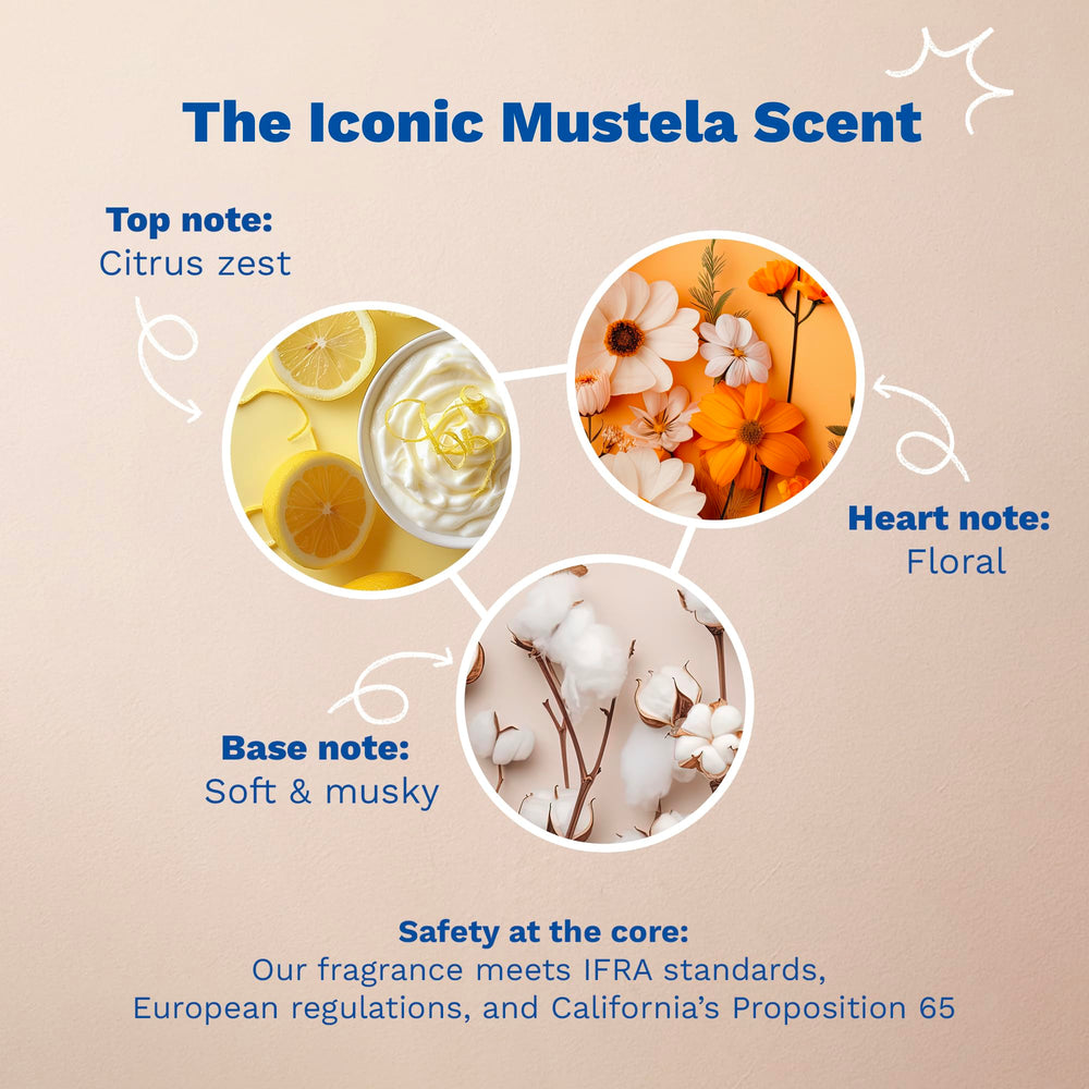 Mustela baby oil dispensed on adult hand ready for baby massage to nourish skin