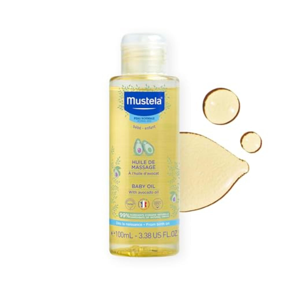 Mustela baby oil front bottle showing packaging and brand for gentle hydration