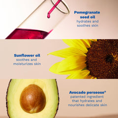 Mustela baby oil near avocado pomegranate and sunflower bottles highlighting natural oils