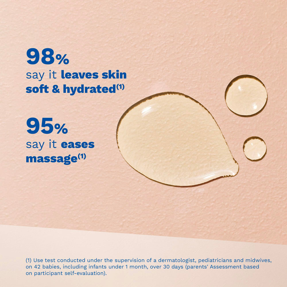 Mustela baby oil pump and clear label emphasizing natural ingredient benefits
