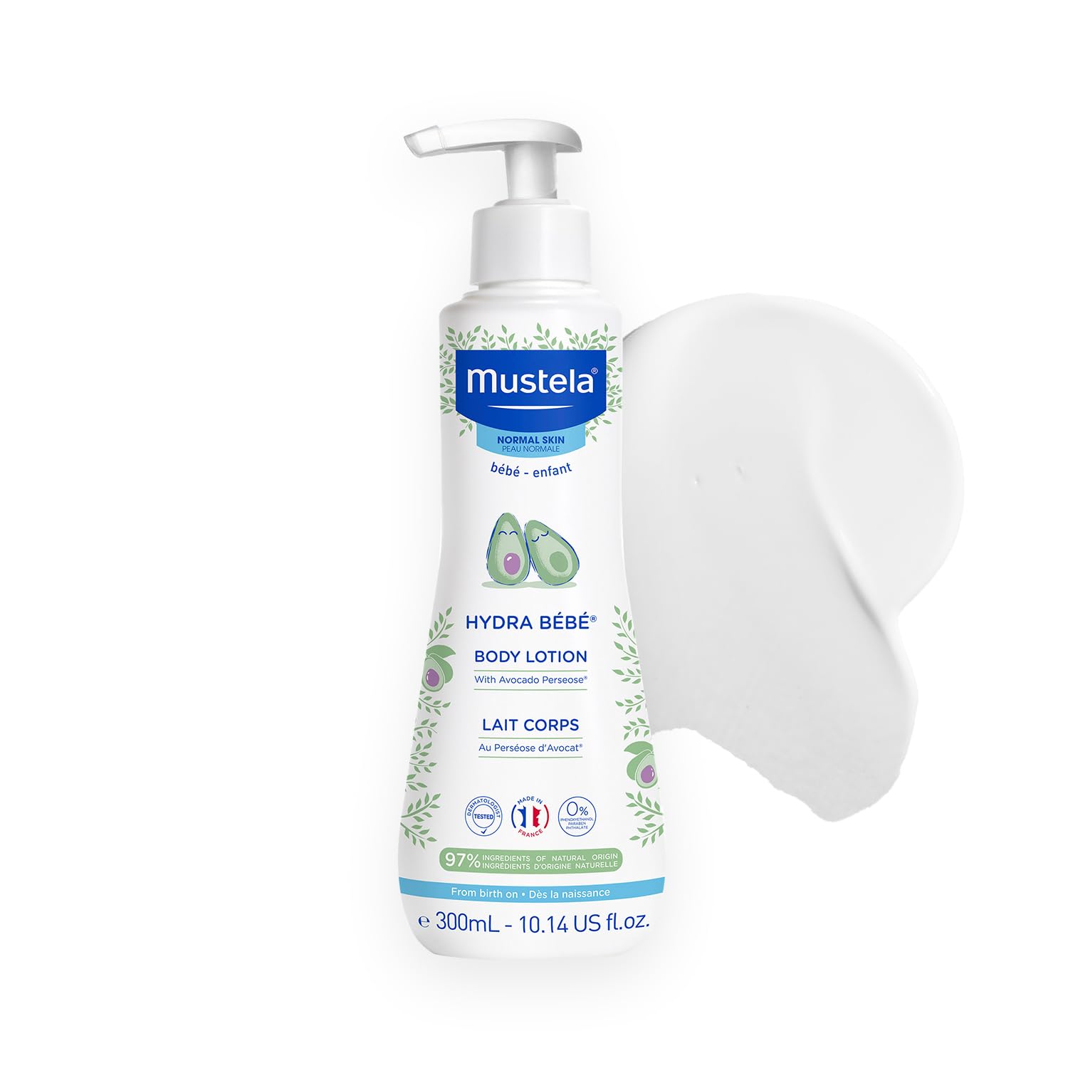 Mustela front packaging of Hydra Bébé lotion showing size and pump benefit
