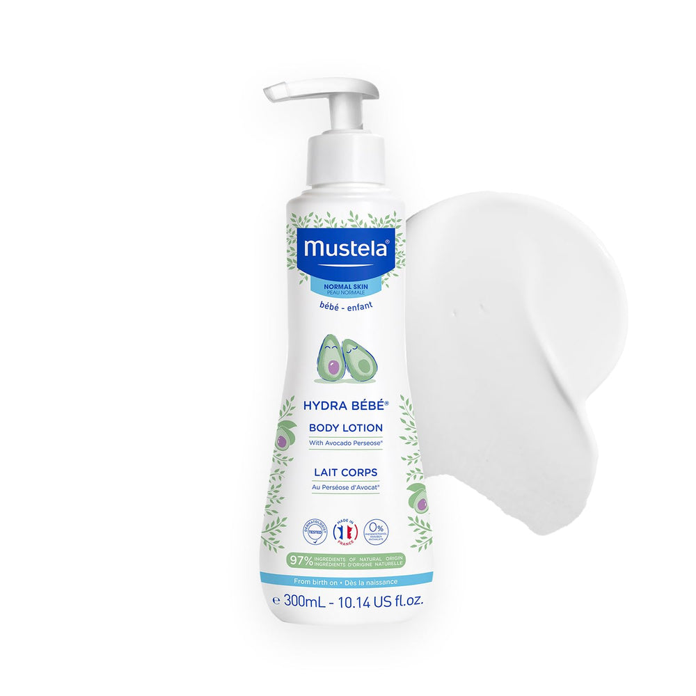Mustela front packaging of Hydra Bébé lotion showing size and pump benefit