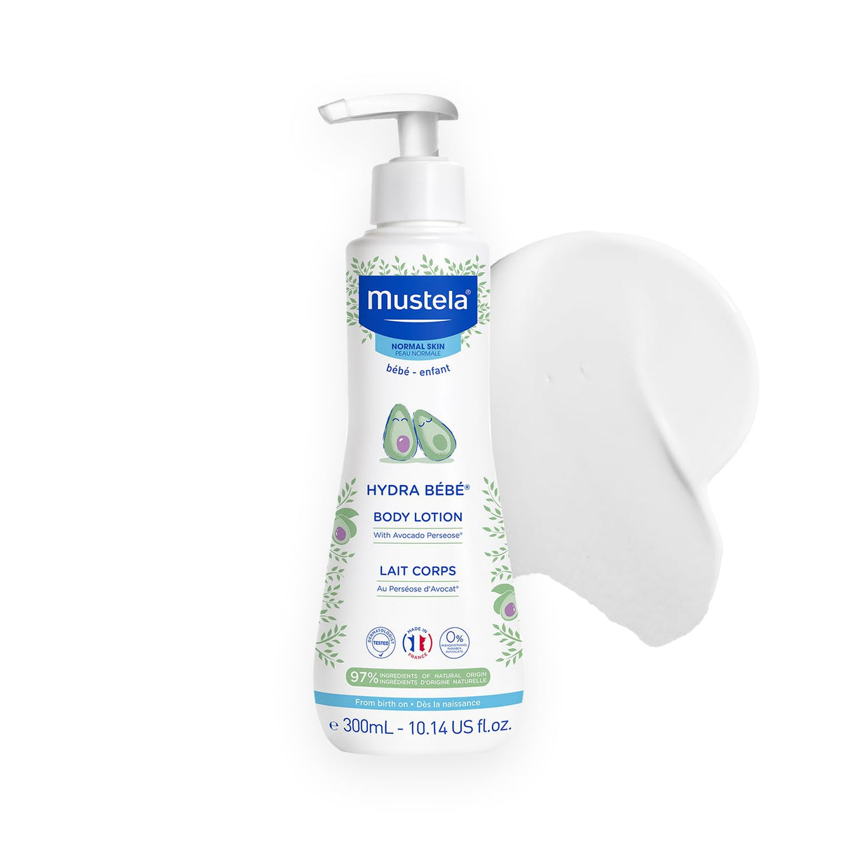 Mustela front packaging of Hydra Bébé lotion showing size and pump benefit