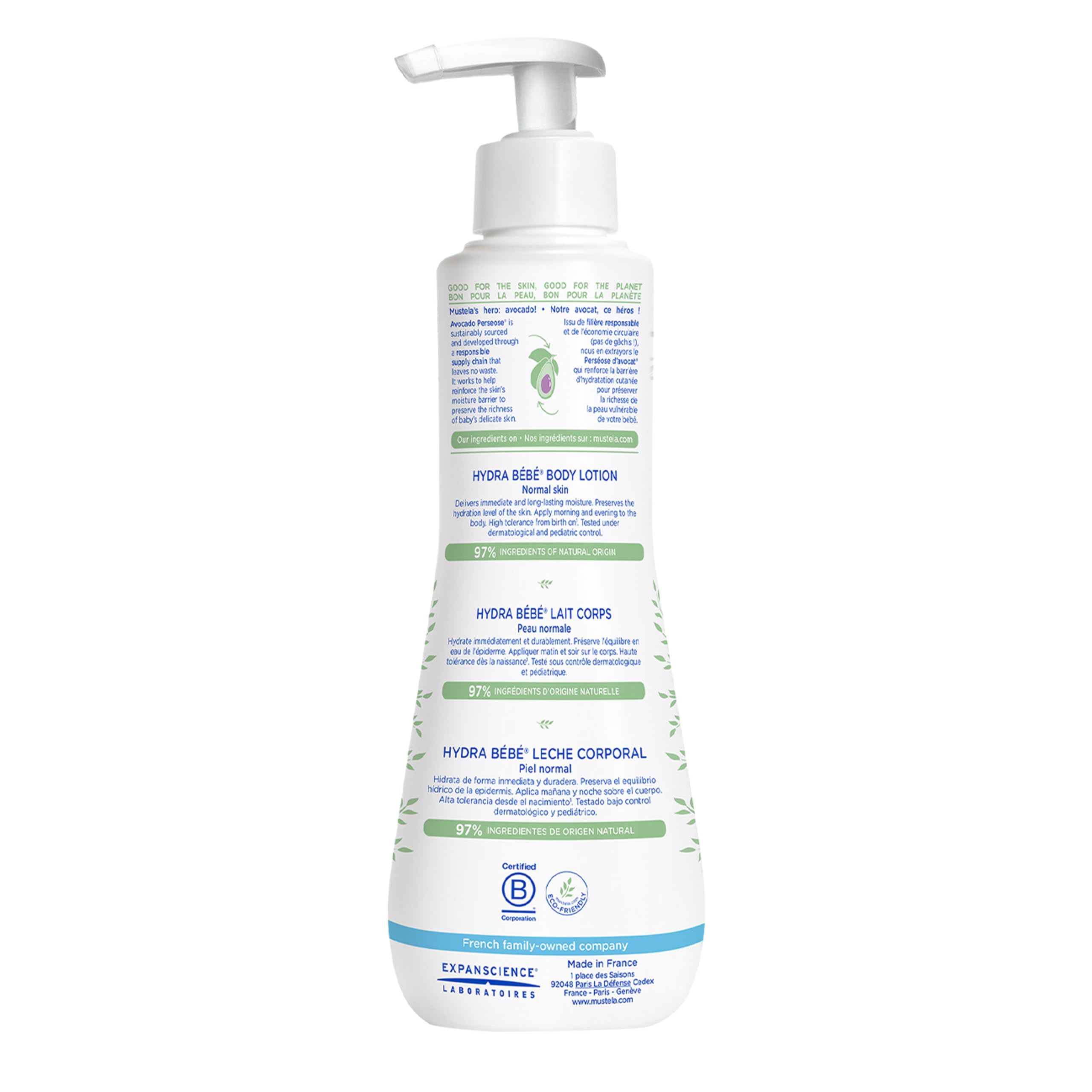 Mustela pump dispenser close-up for easy one-handed application and hygiene