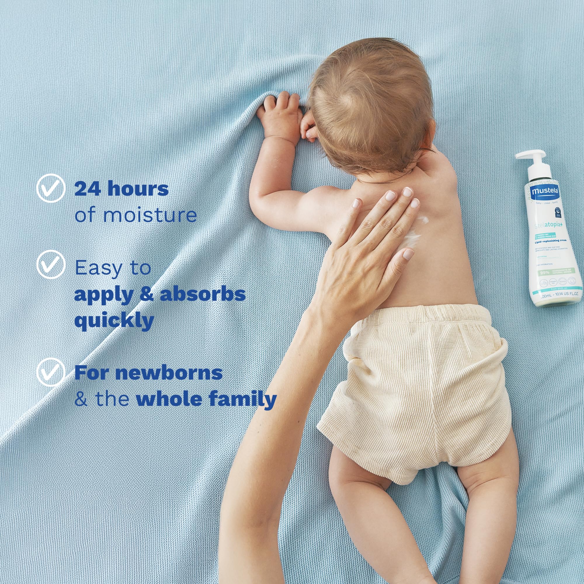 Mustela applied to baby skin in lifestyle scene for soothing benefit
