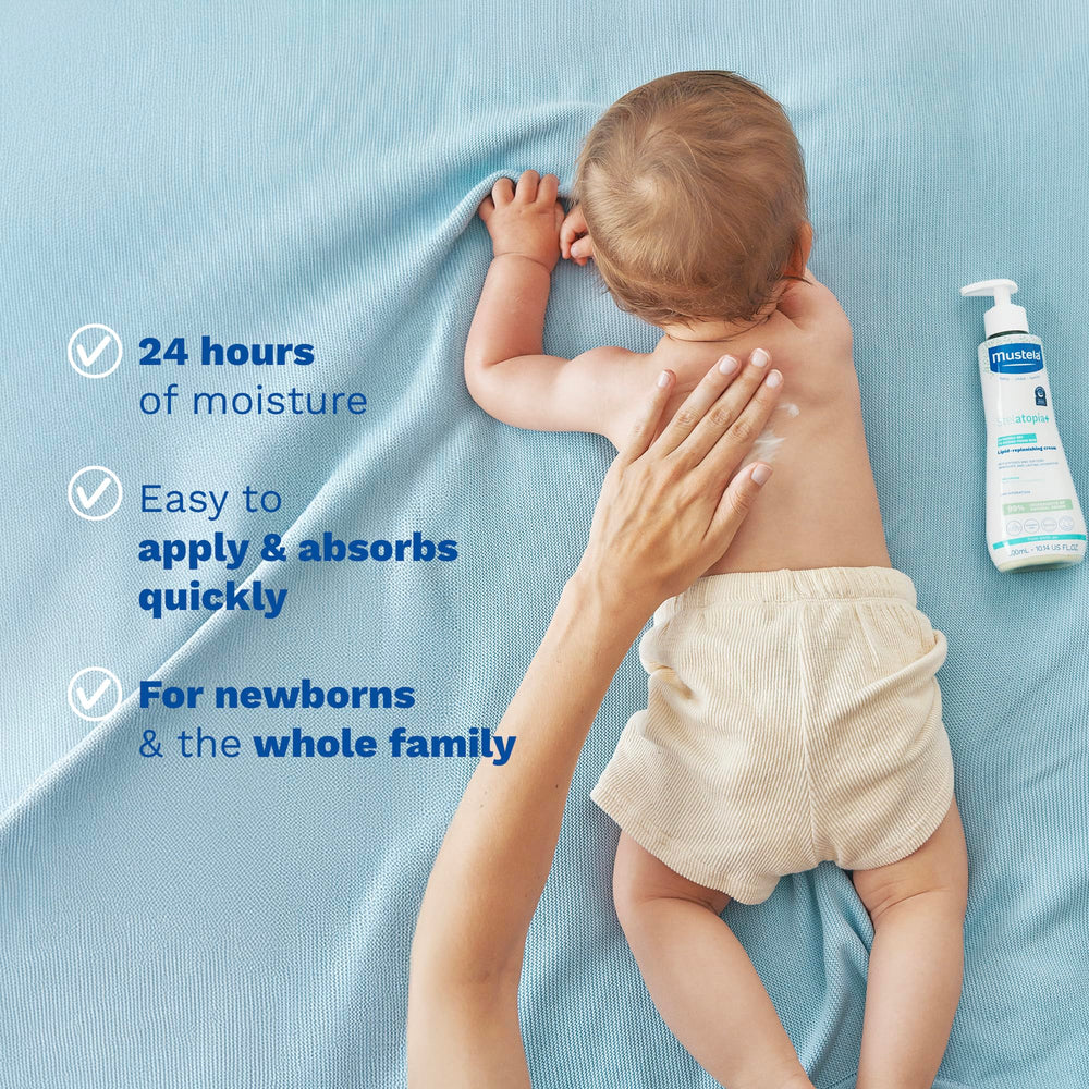 Mustela applied to baby skin in lifestyle scene for soothing benefit