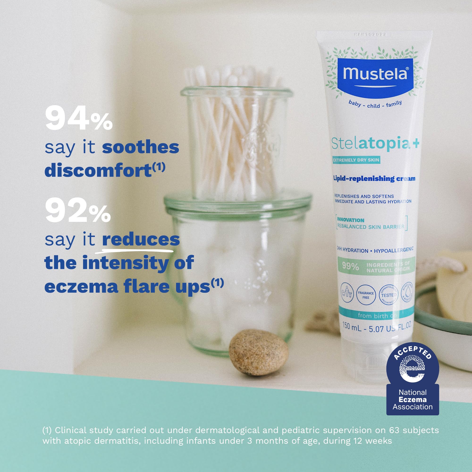 Mustela pump application on hand showing easy spread benefit