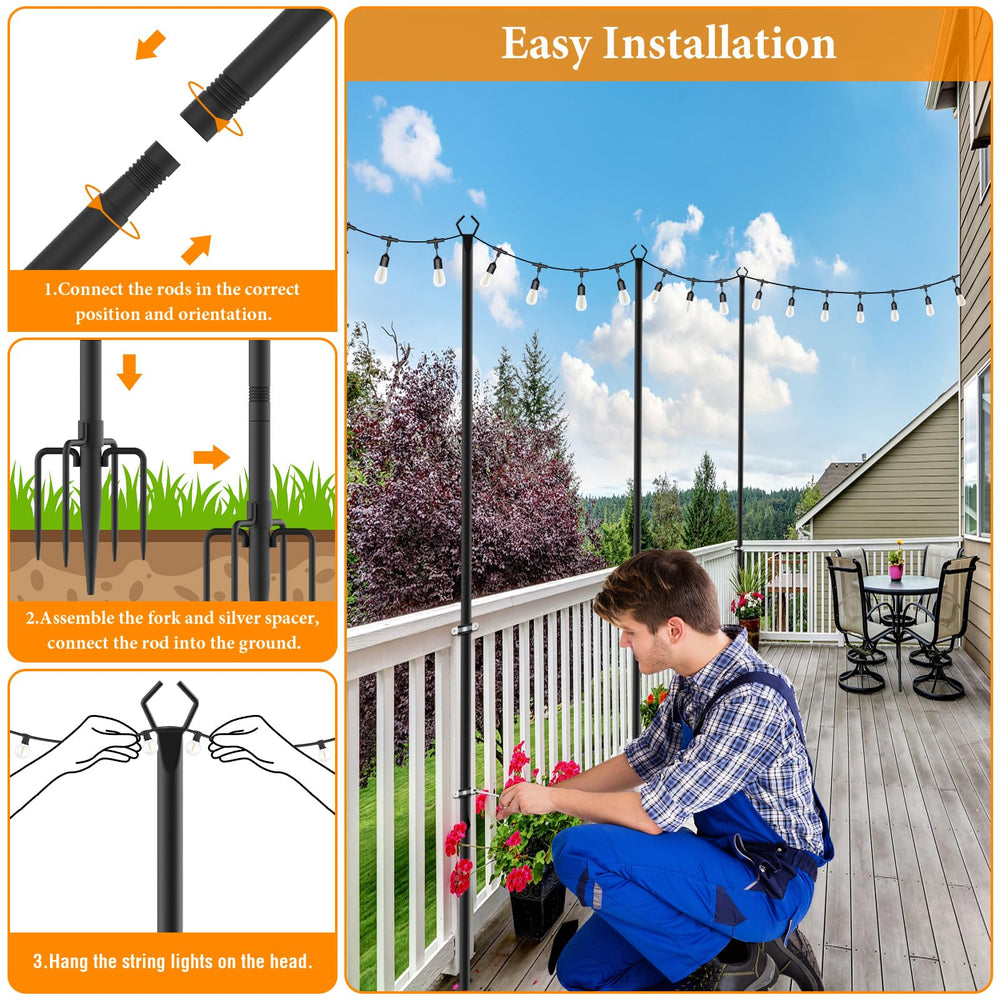 Mutovlin poles supporting string lights on patio creating warm ambiance