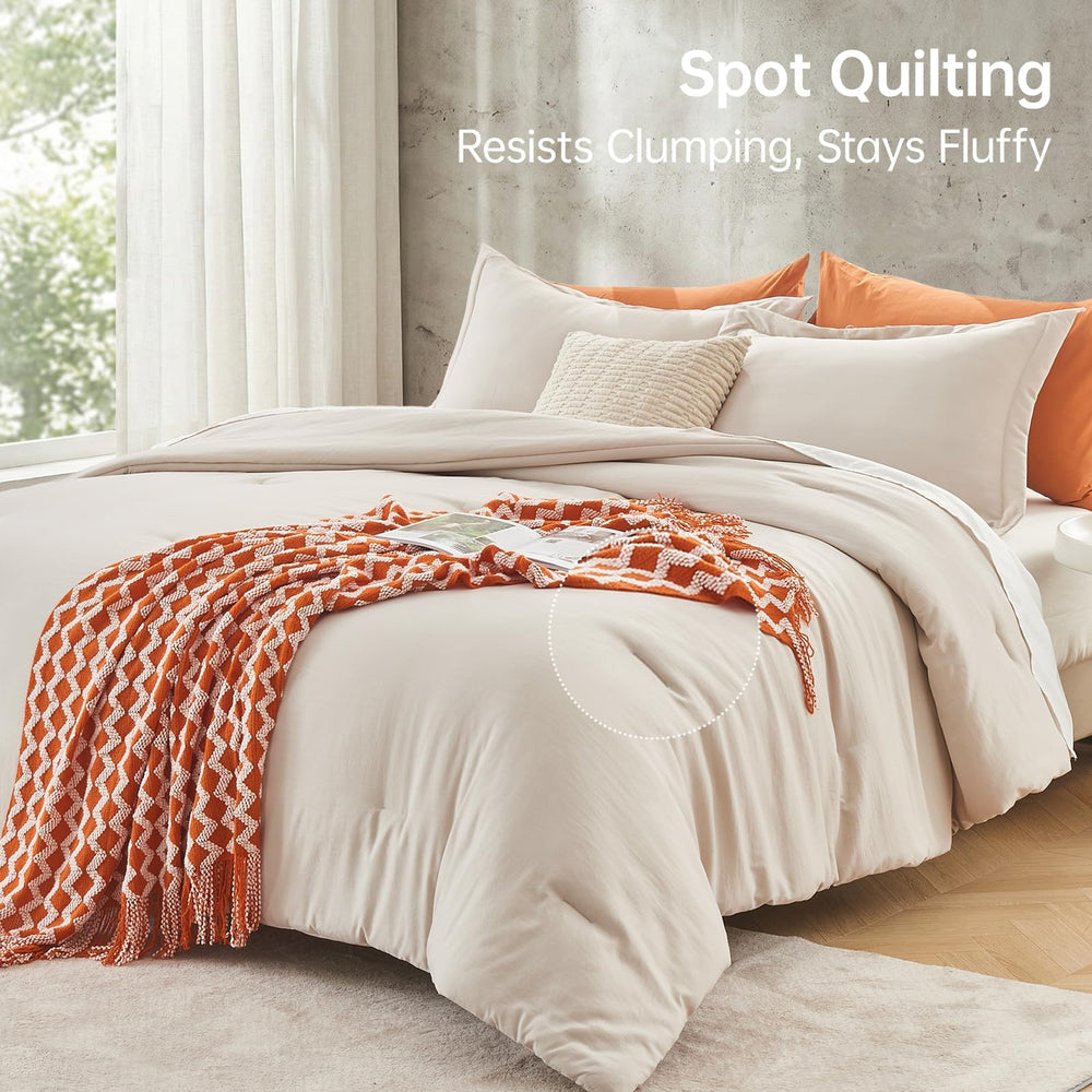 MUXHOMO comforter styled on bed to show neutral beige decor versatility