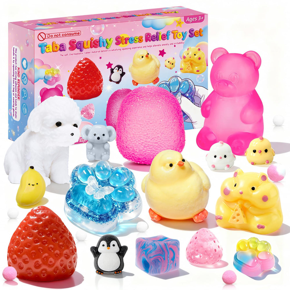 Muxiziu front packaging showing 15-piece taba squishies, bright selection benefit