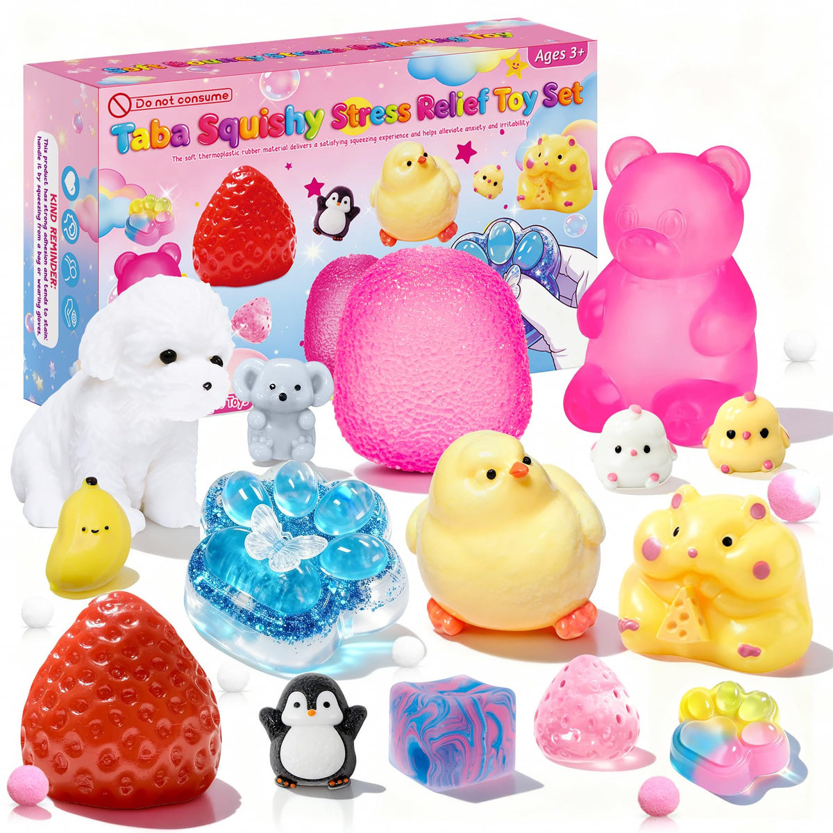 Muxiziu front packaging showing 15-piece taba squishies, bright selection benefit
