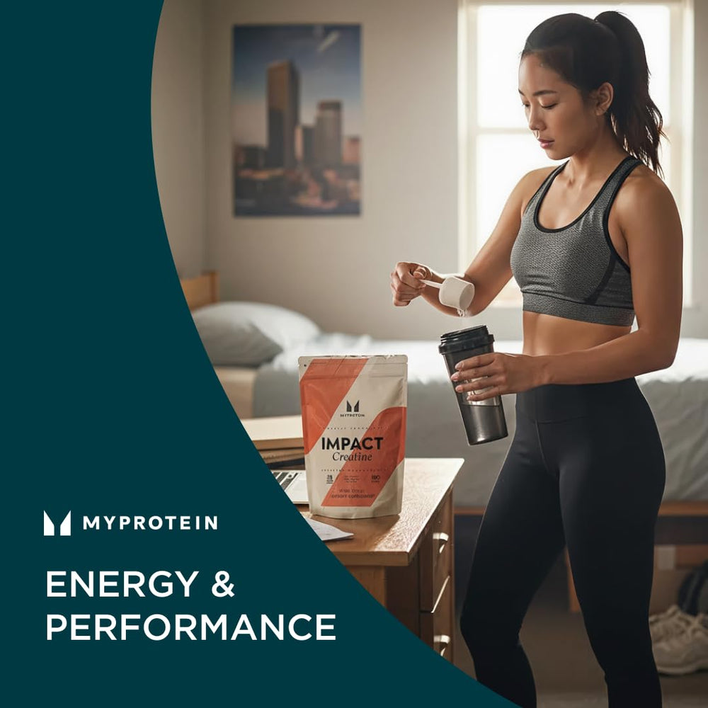 Myprotein tub next to weights demonstrating strength support
