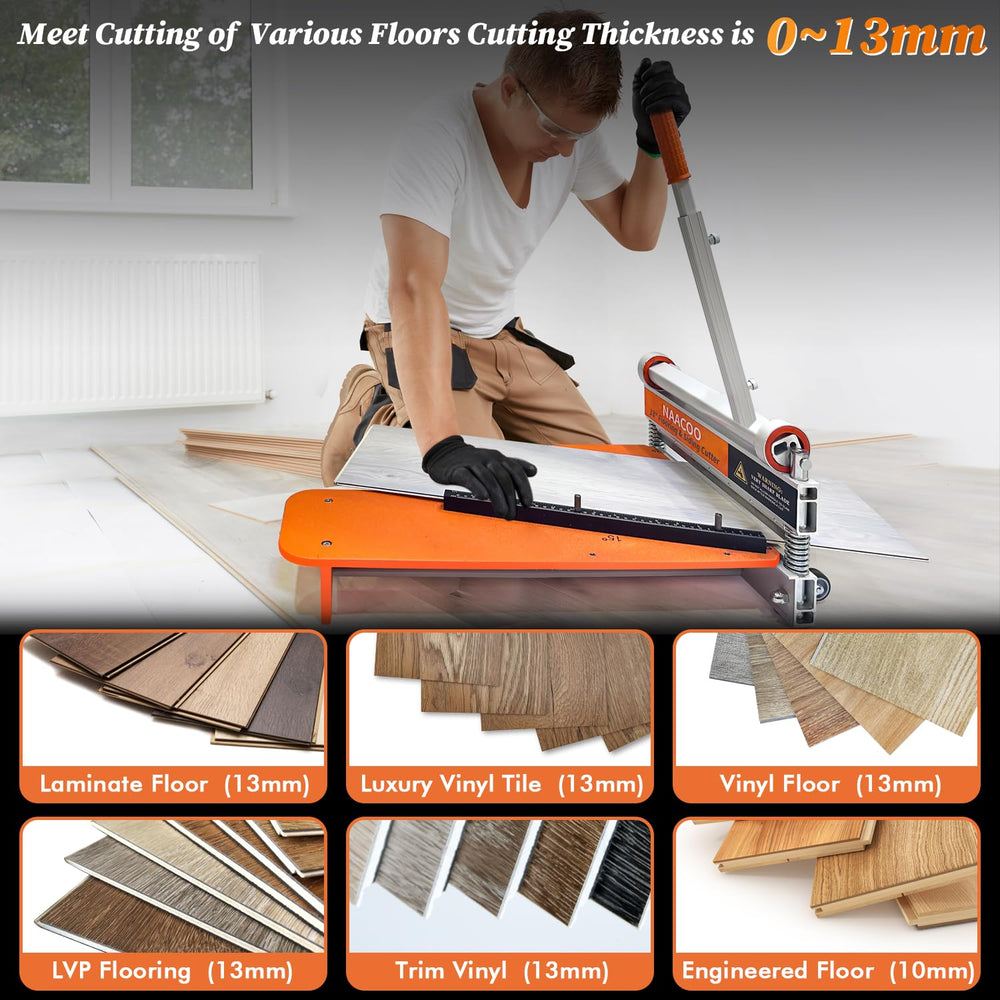 NAACOO in use cutting vinyl plank showing dust-free, quiet manual operation