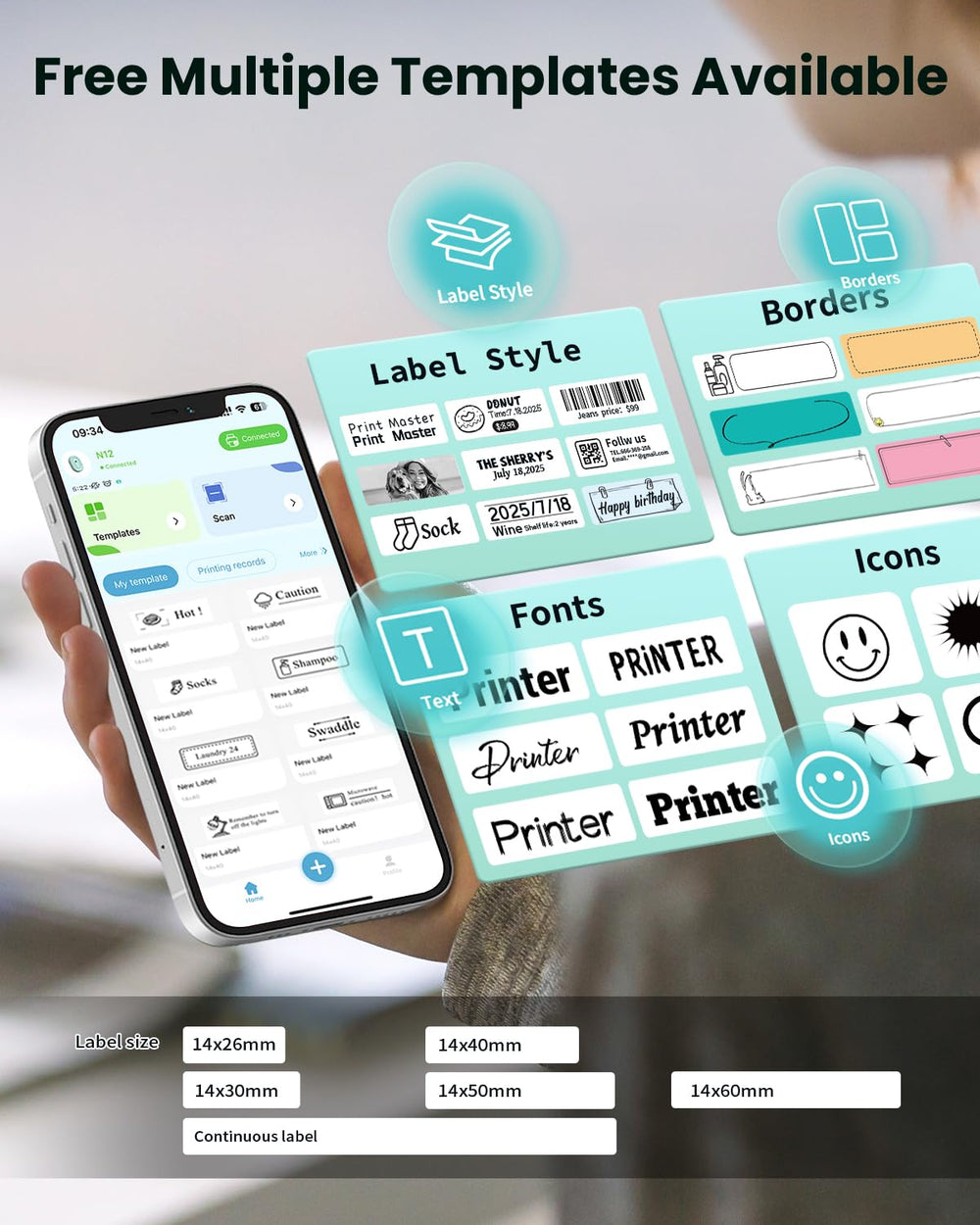 NADAIIN N12 paired to smartphone in NADA Print app for easy design and wireless printing