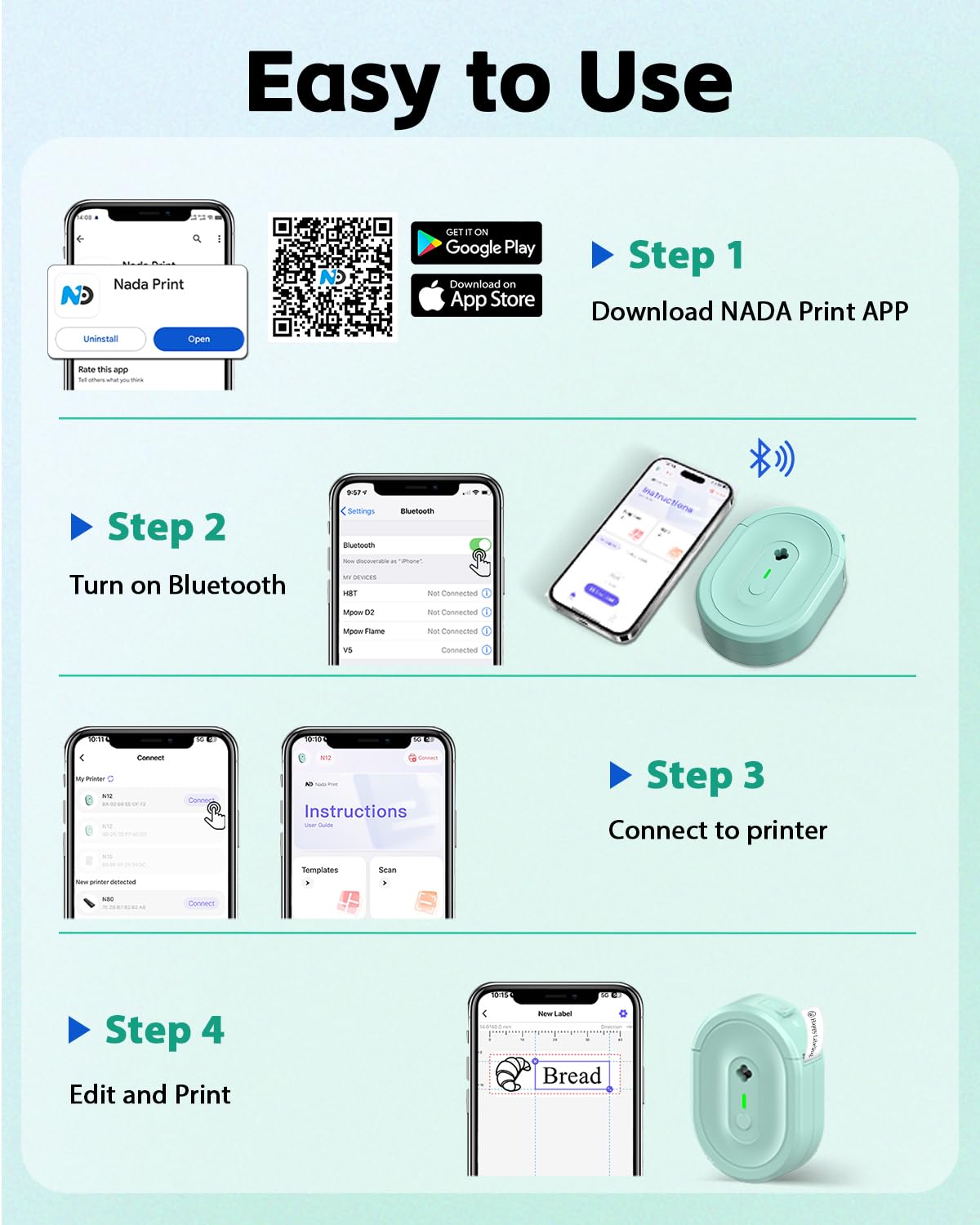 NADAIIN N12 tape-loading close-up showing correct label orientation and quick setup benefit