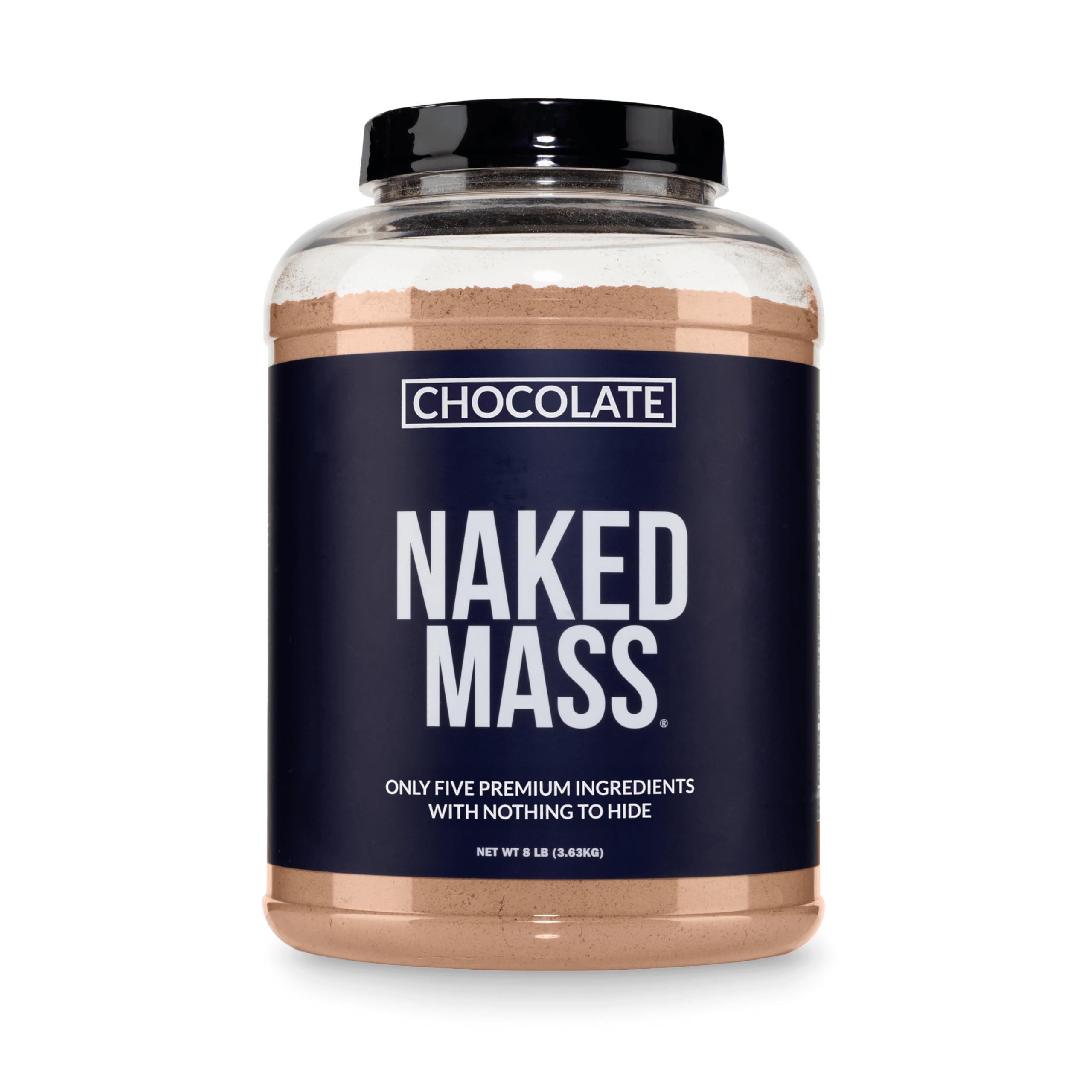 NAKED front packaging showing 8lb container and chocolate label benefits