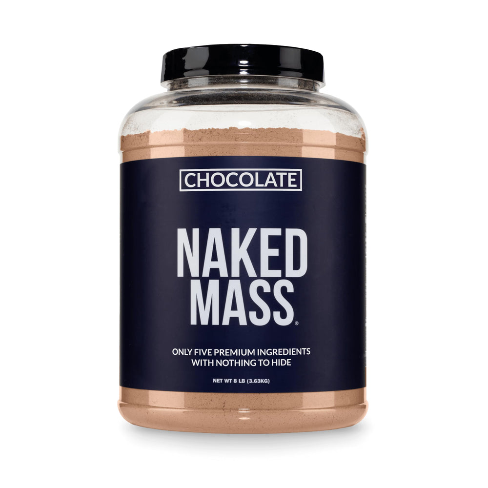 NAKED front packaging showing 8lb container and chocolate label benefits