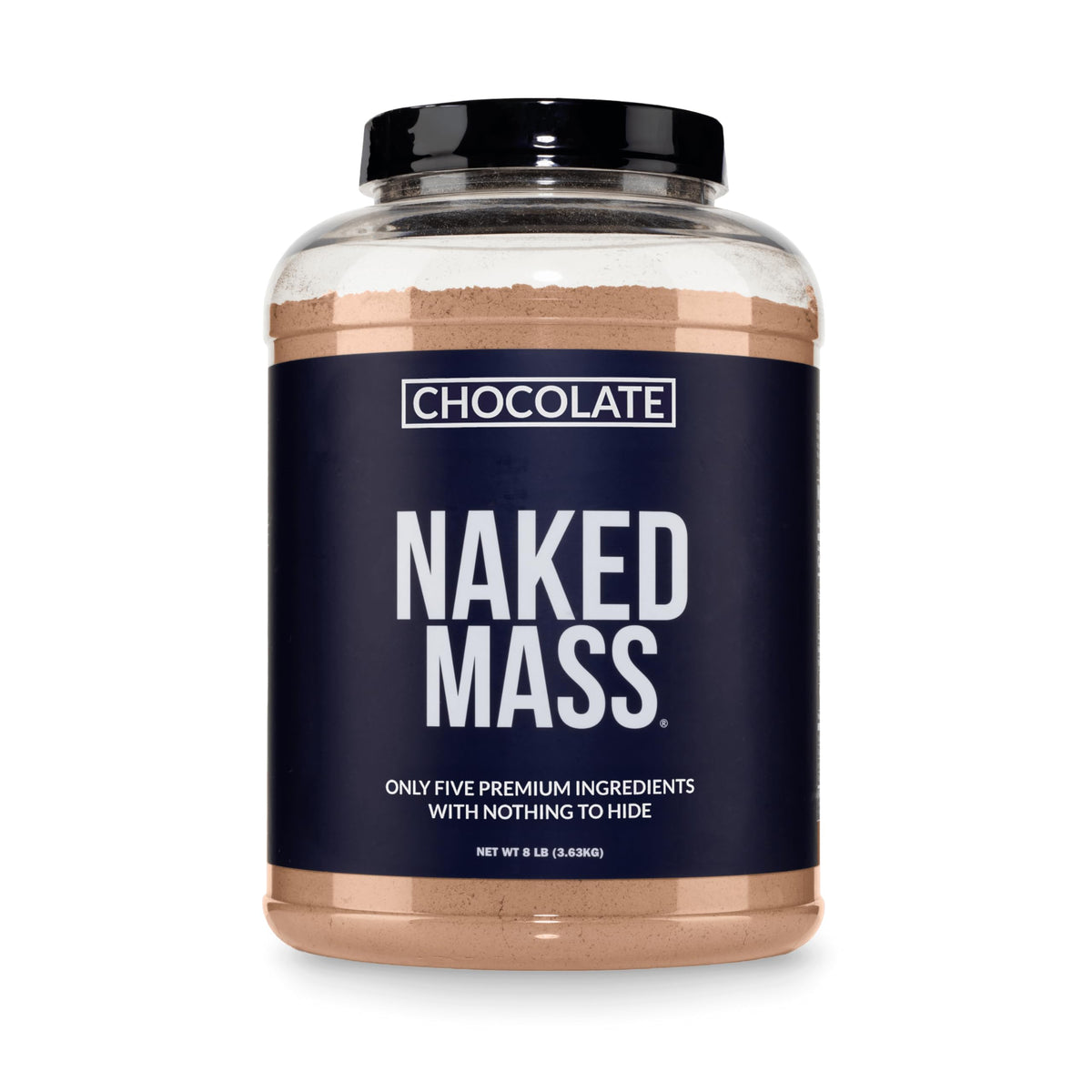 NAKED front packaging showing 8lb container and chocolate label benefits
