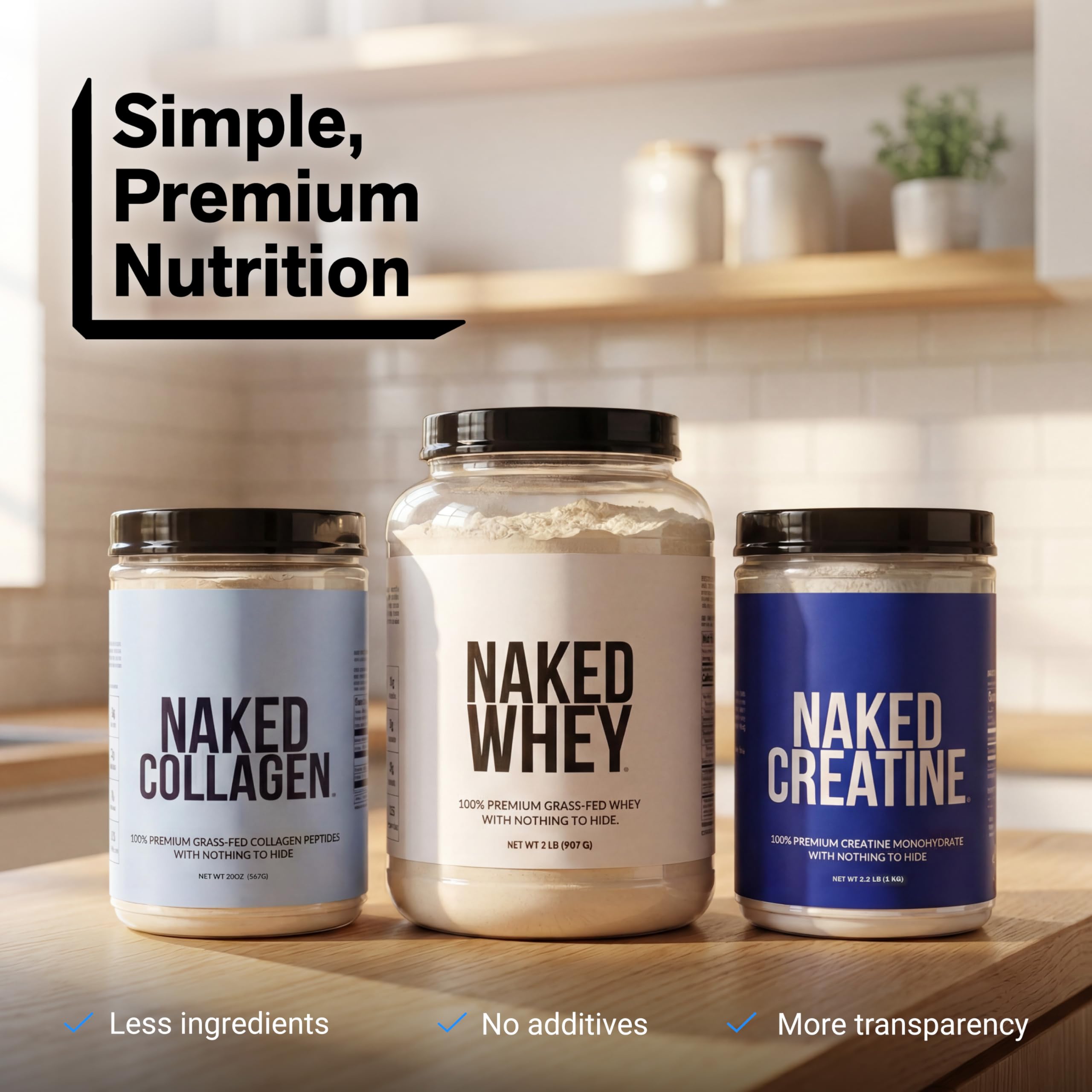 NAKED tub next to measuring scale showing 1 lb size and servings