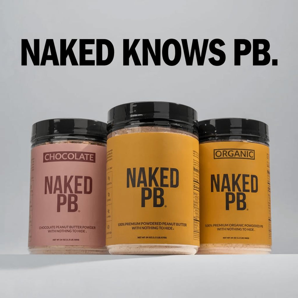 NAKED PB next to measuring cup illustrating 2 lb size and 76 servings