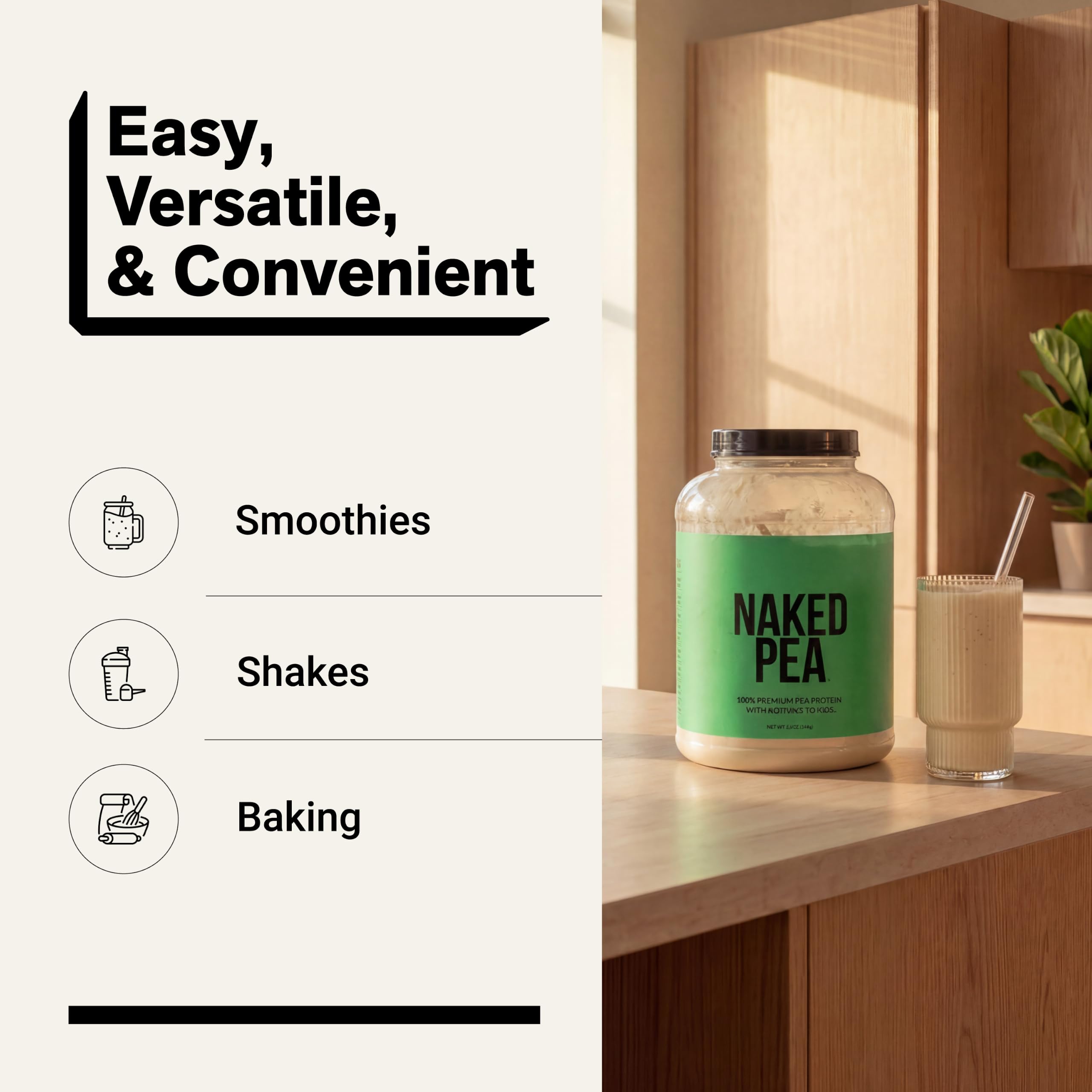 NAKED Pea next to kitchen scale showing 5 lb size and long-lasting supply