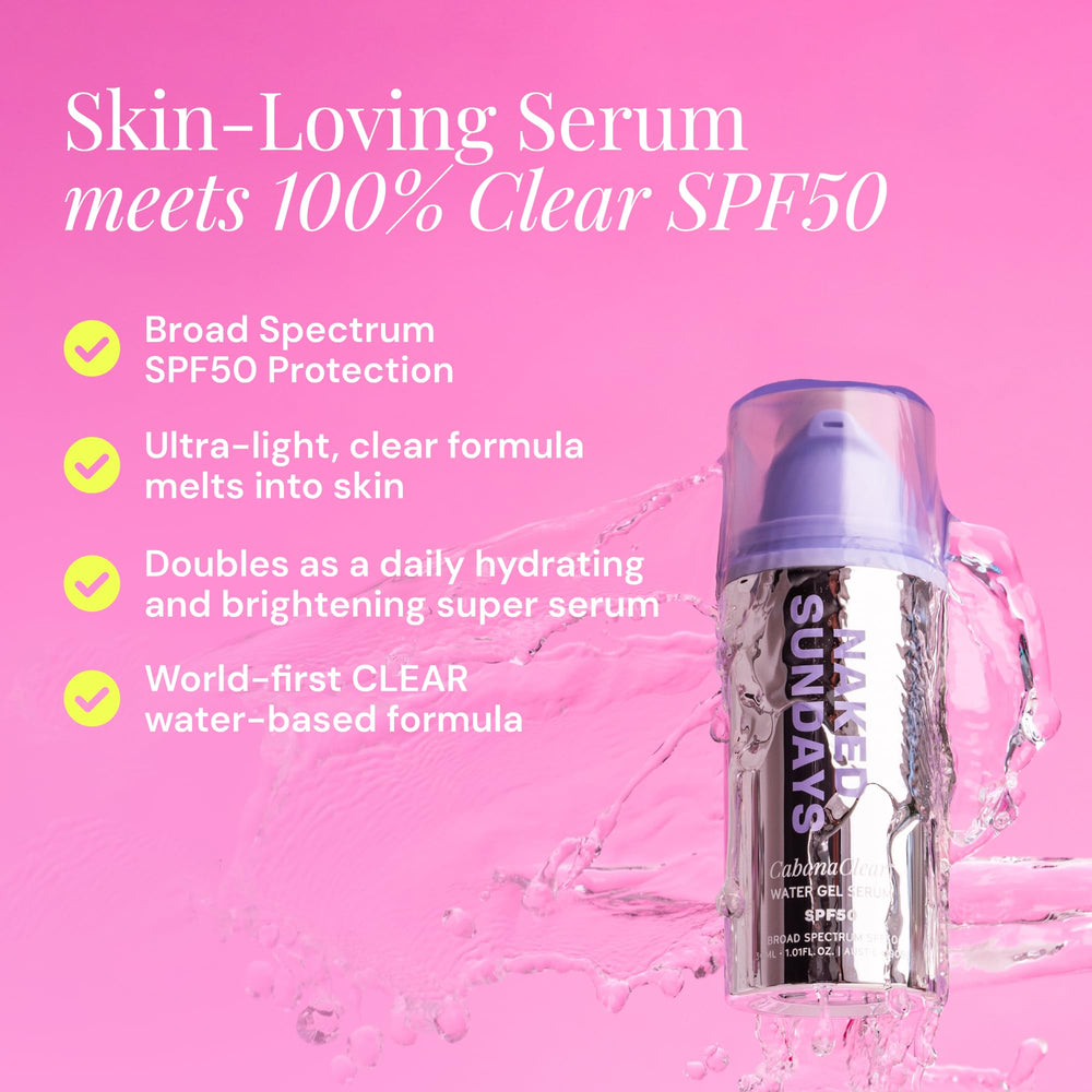 Naked Sundays clear serum drop texture demonstrating lightweight absorption benefit