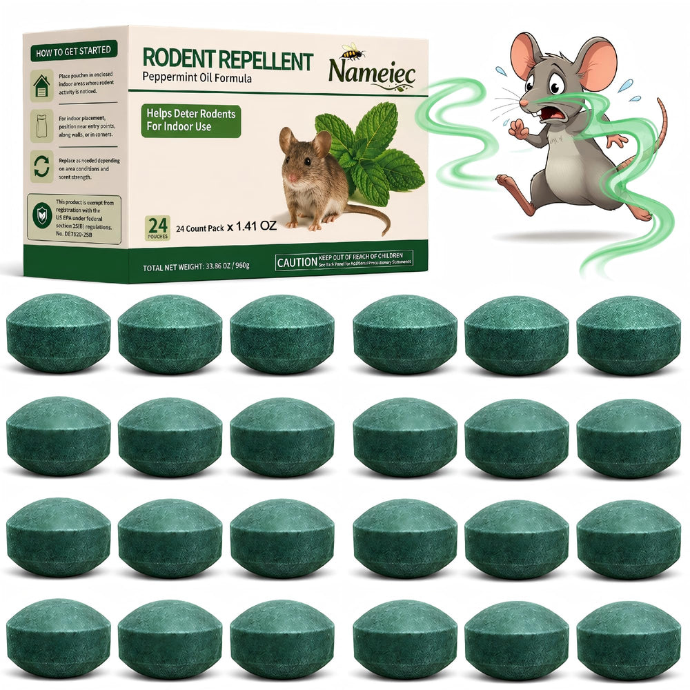 Nameiec front packaging showing 24 peppermint rodent repellent discs and benefits