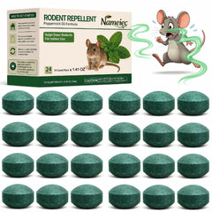 Nameiec front packaging showing 24 peppermint rodent repellent discs and benefits