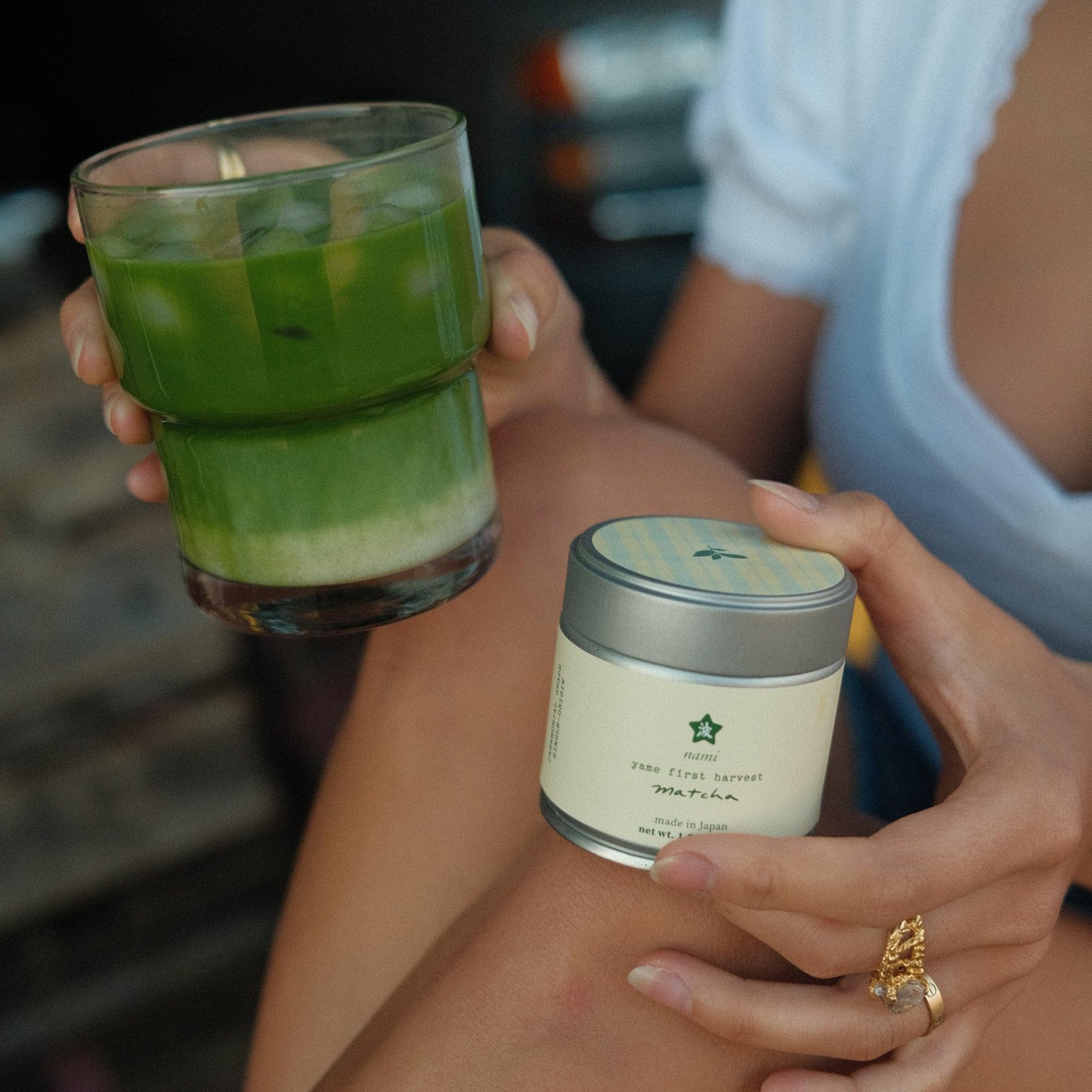 Nami Matcha latte in a café setting illustrating creamy green tea beverage