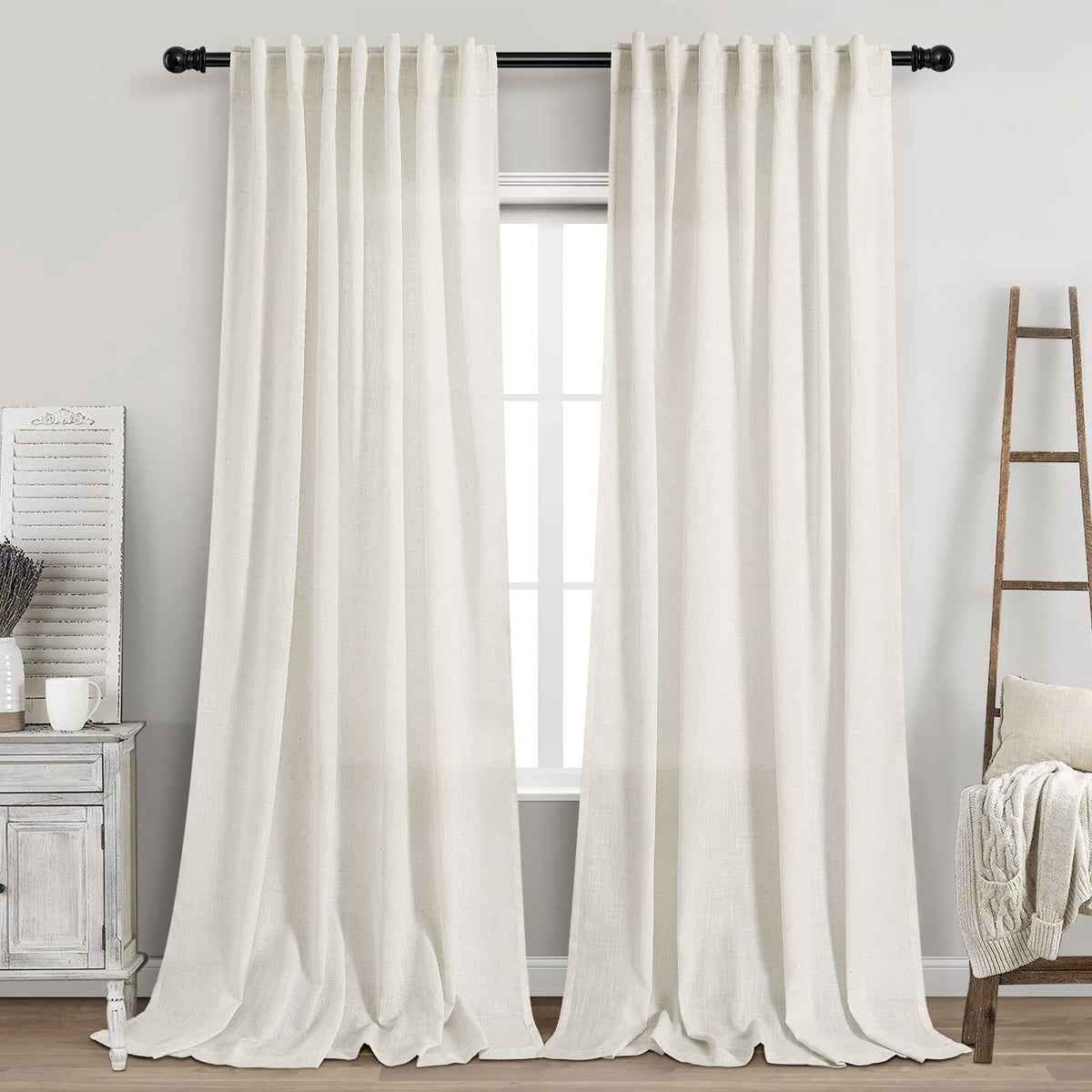 Nanspring cream linen curtains full view showing neutral decor benefit of room softening