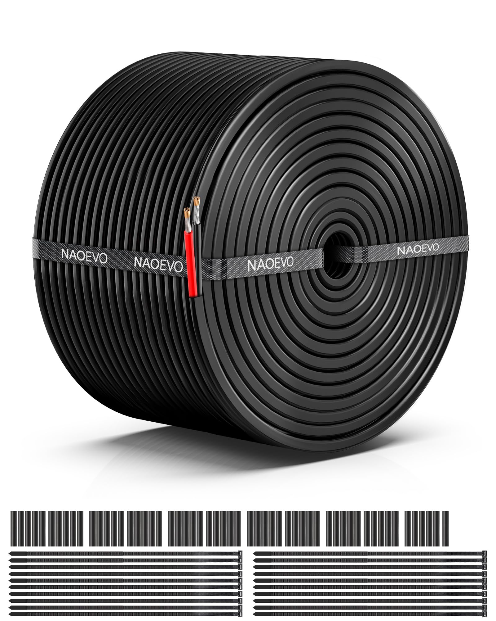 NAOEVO front packaging showing 50FT spool and 16 AWG label, clear product ID and benefits