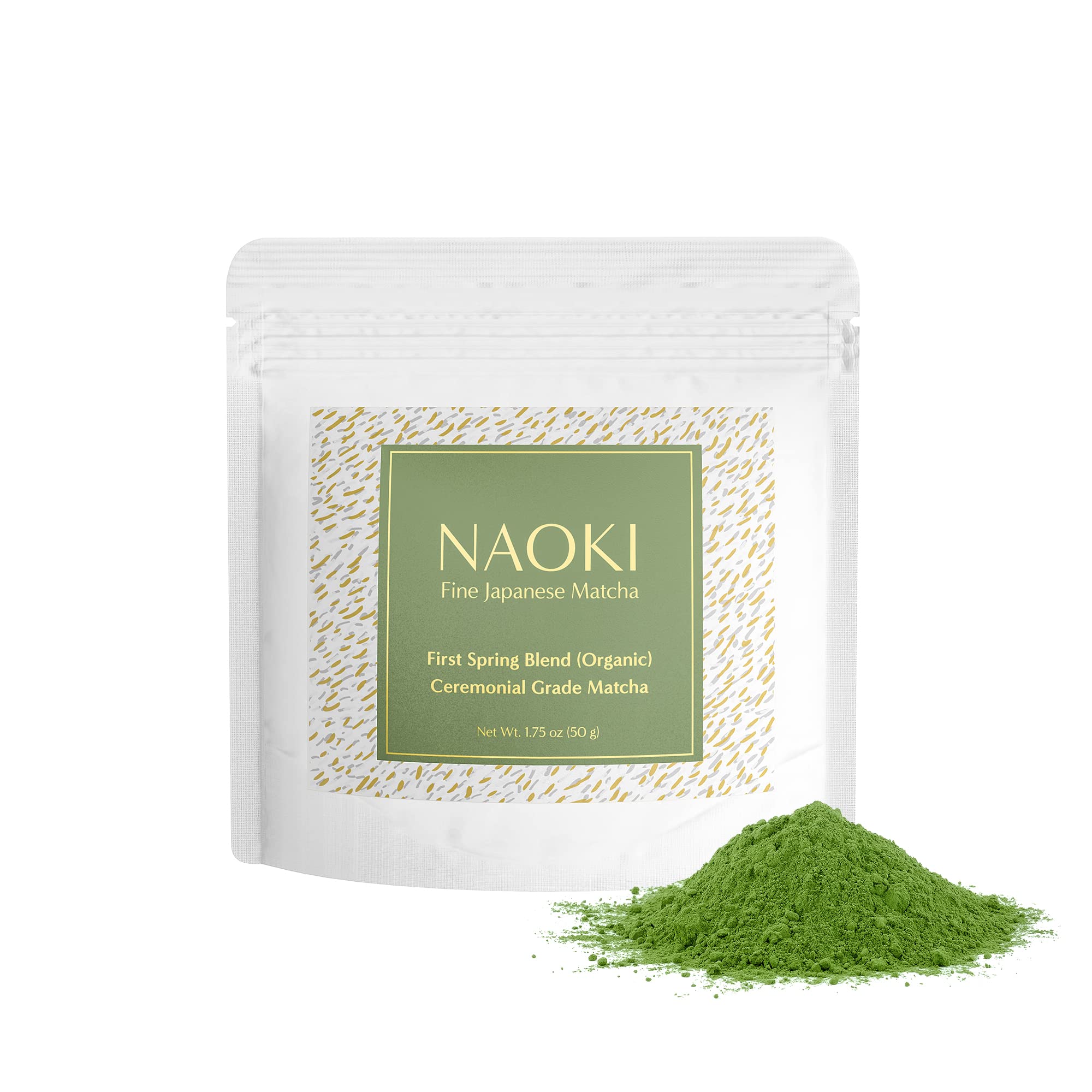 Naoki Matcha front pouch showing resealable 50g package and brand clarity