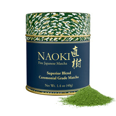 Naoki Matcha front tin showing branding and compact size for freshness