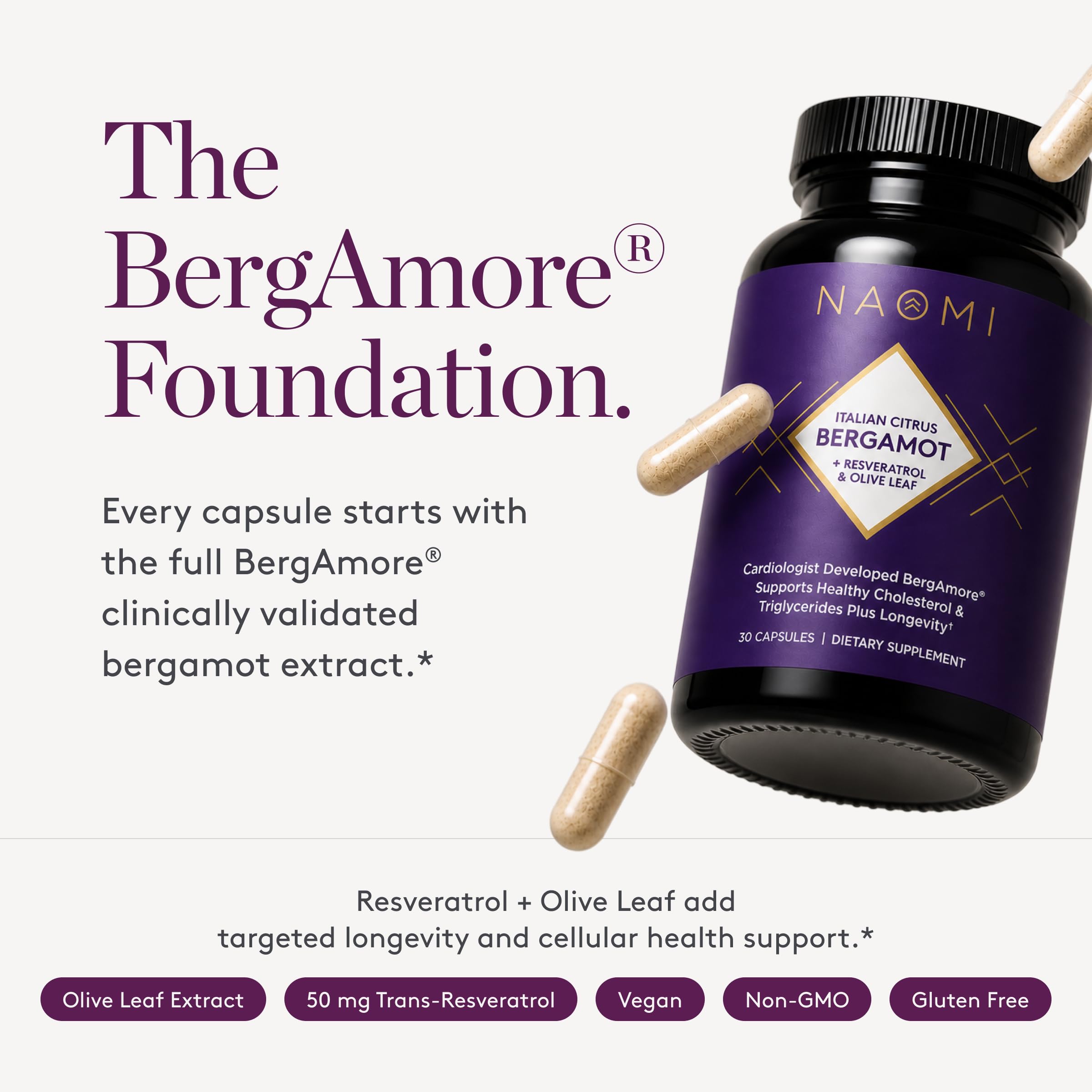 NAOMI resveratrol and olive leaf ingredients arranged showing antioxidant support
