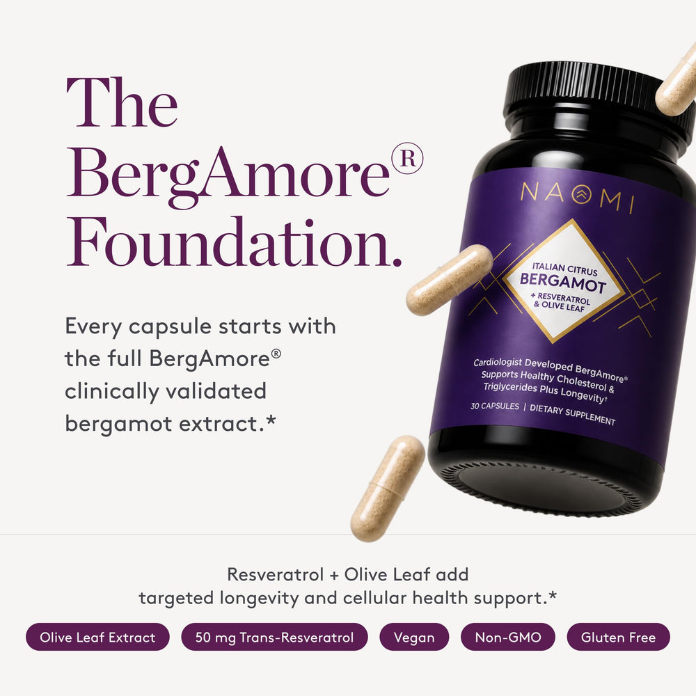 NAOMI resveratrol and olive leaf ingredients arranged showing antioxidant support