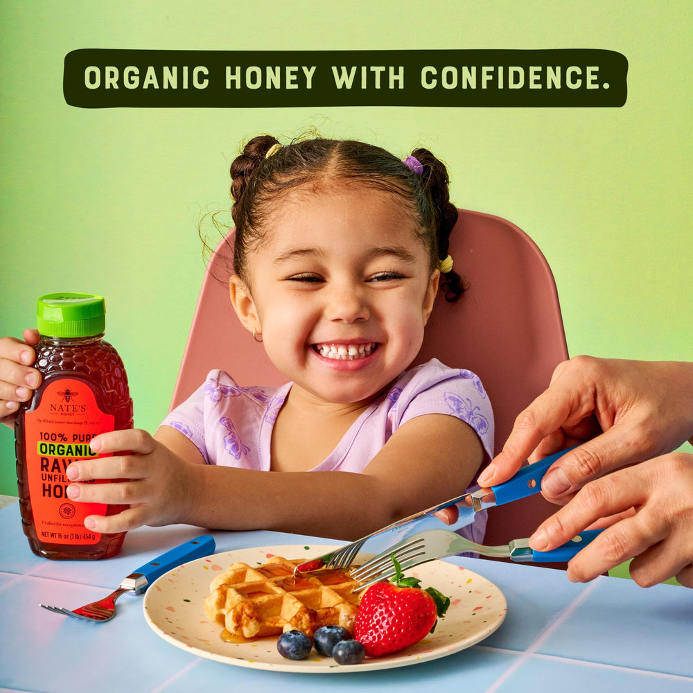Nate's Honey label detail displaying certifications and ingredient simplicity