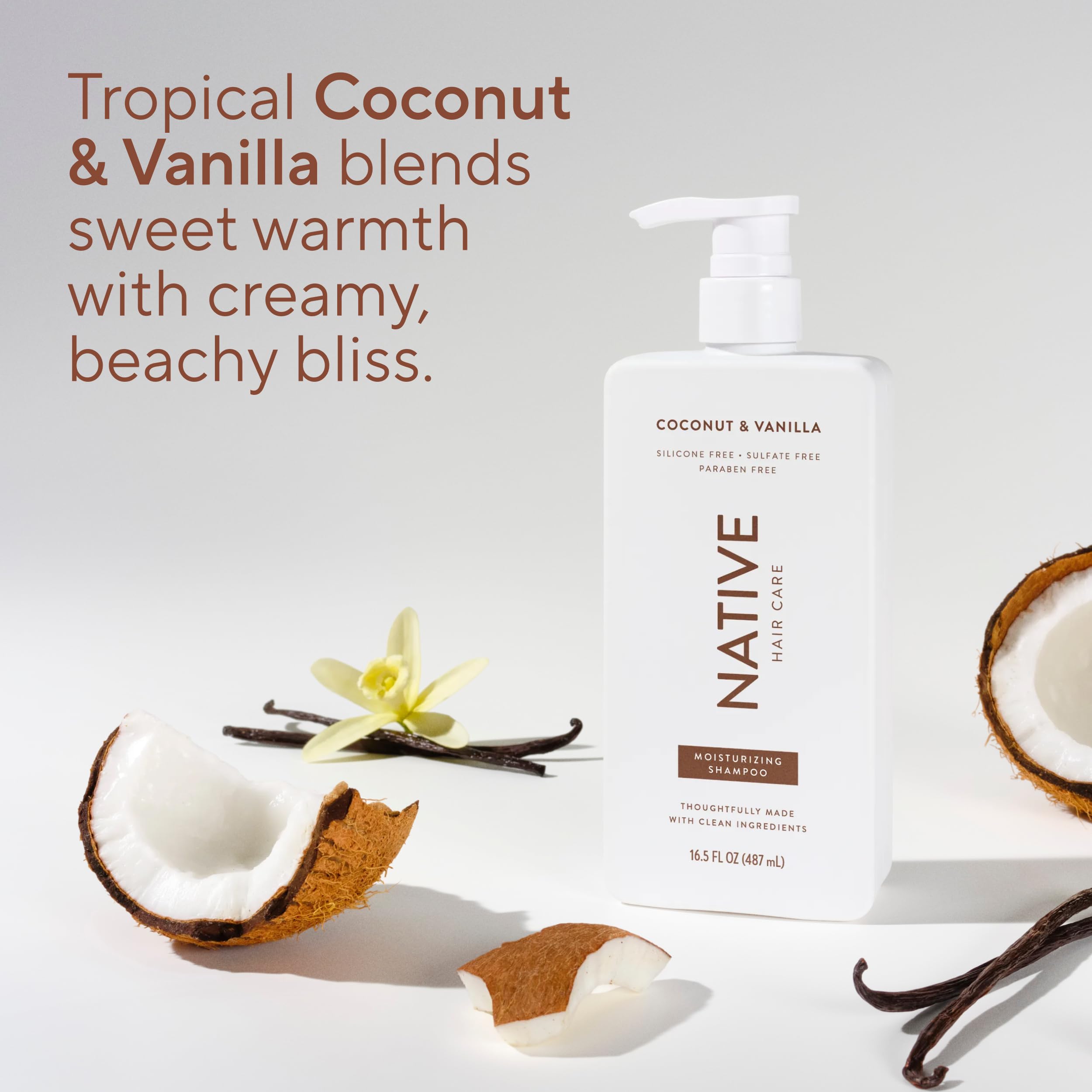 Native coconut and vanilla ingredients visual evoking scent profile and freshness