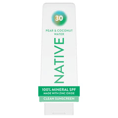 Native front bottle showing SPF 30 and pear coconut water scent beneficial daily protection