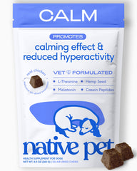 Native Pet front packaging showing calming chews and NASC seal for trustworthy quality
