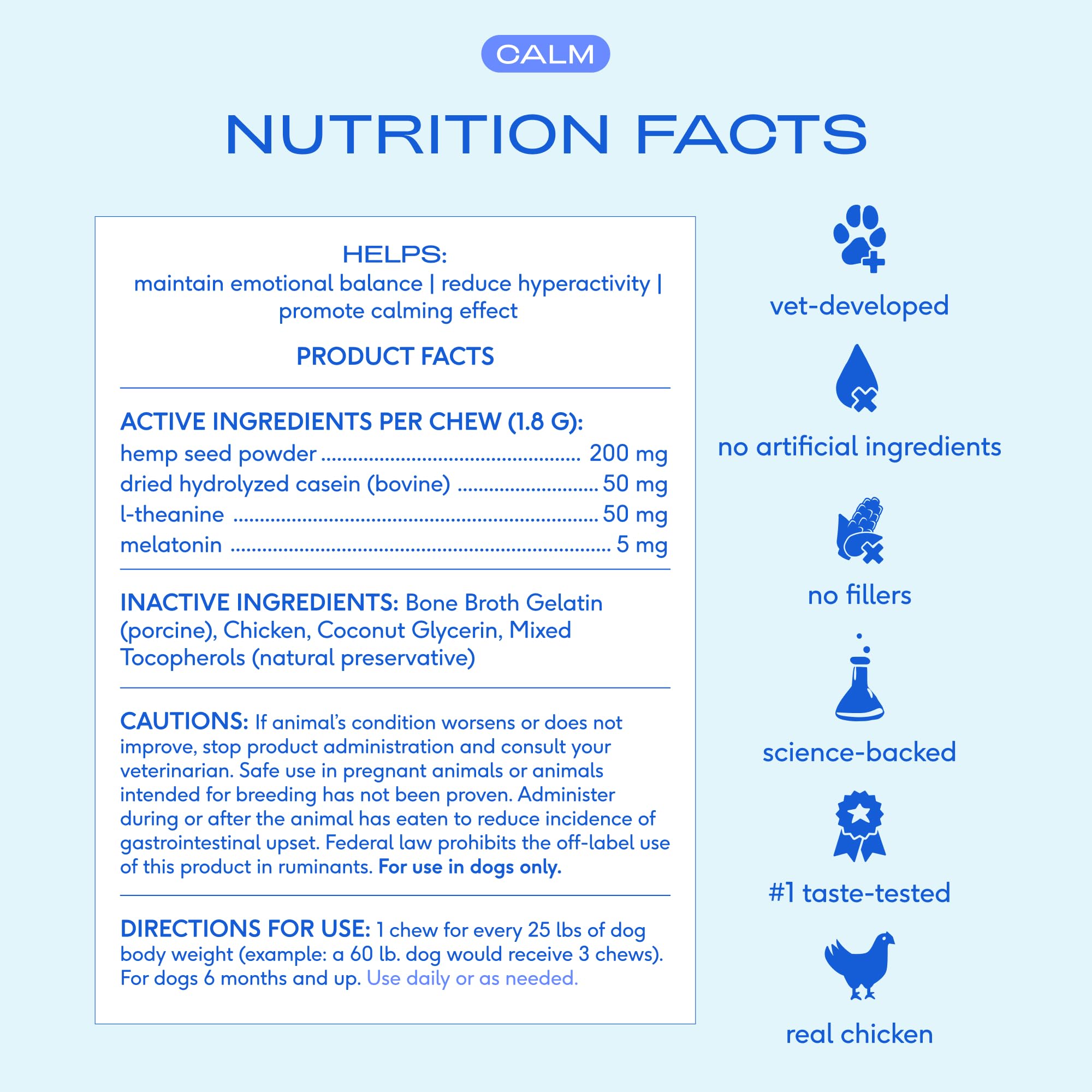 Native Pet illustration of melatonin, L-theanine and casein showing targeted calming benefits