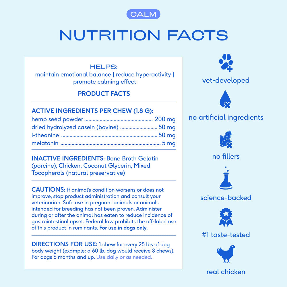 Native Pet illustration of melatonin, L-theanine and casein showing targeted calming benefits
