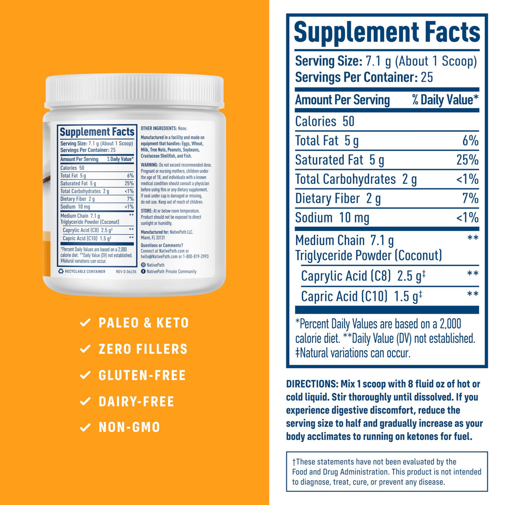 NativePath open container revealing unflavored MCT powder texture