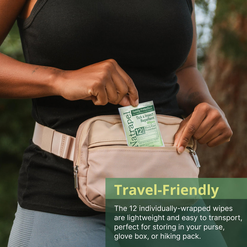 Natrapel travel pack tucked in backpack showing portability benefit