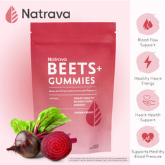 Natrava beet gummies close-up highlighting soft texture and appetizing color for easy consumption
