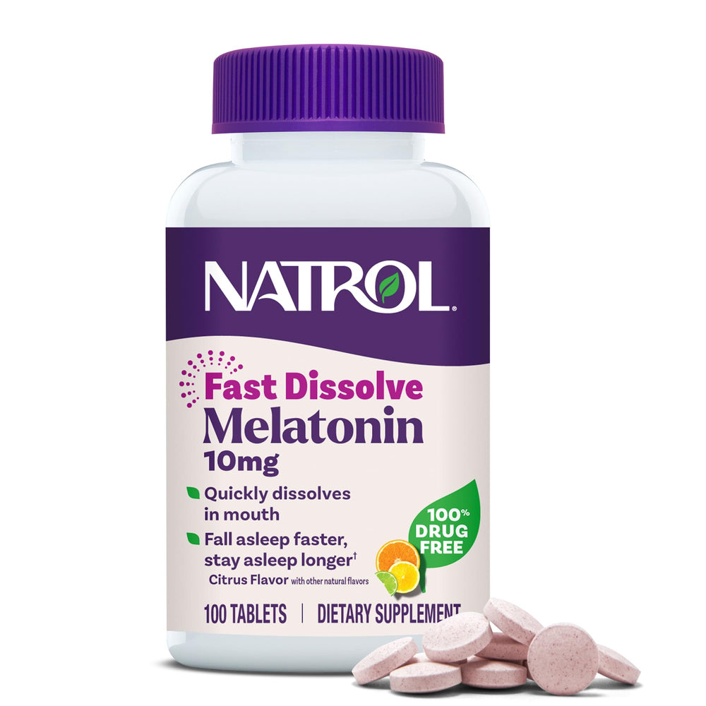 Natrol front packaging showing citrus fast dissolve tablets and benefit of quick sleep support