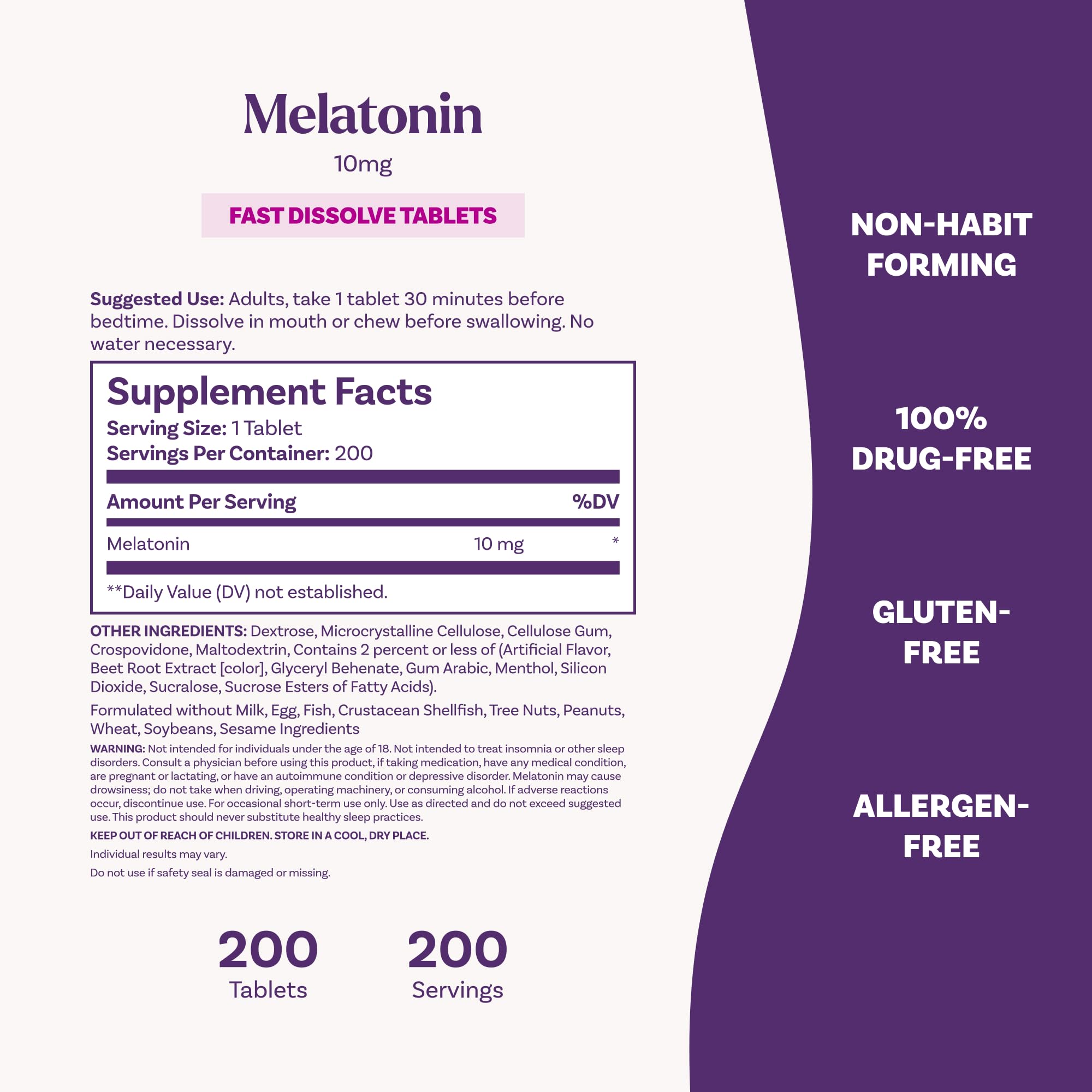 Natrol nutrition label close-up showing melatonin 10 mg per tablet