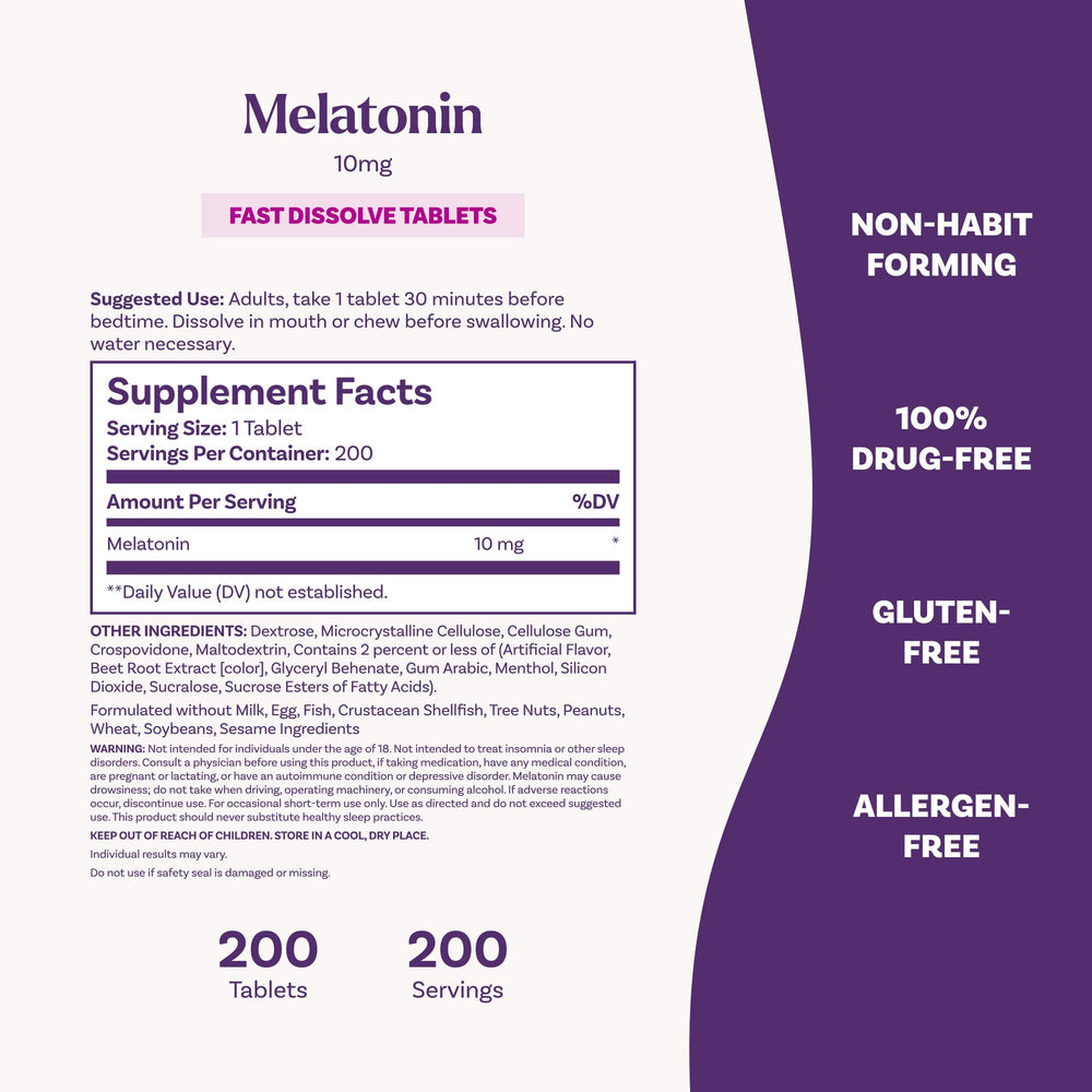 Natrol nutrition label close-up showing melatonin 10 mg per tablet
