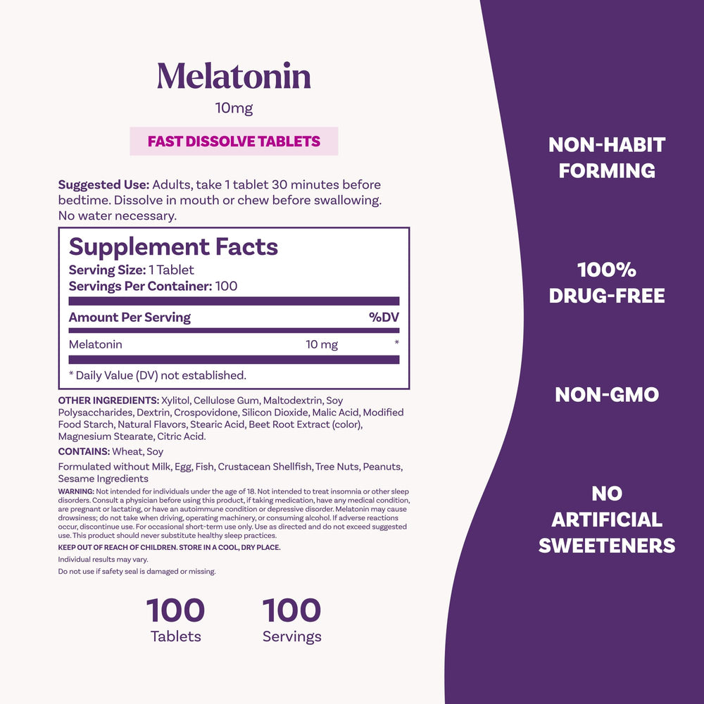 Natrol tablets beside a measuring scale showing 10 mg dosage accuracy for adult sleep support