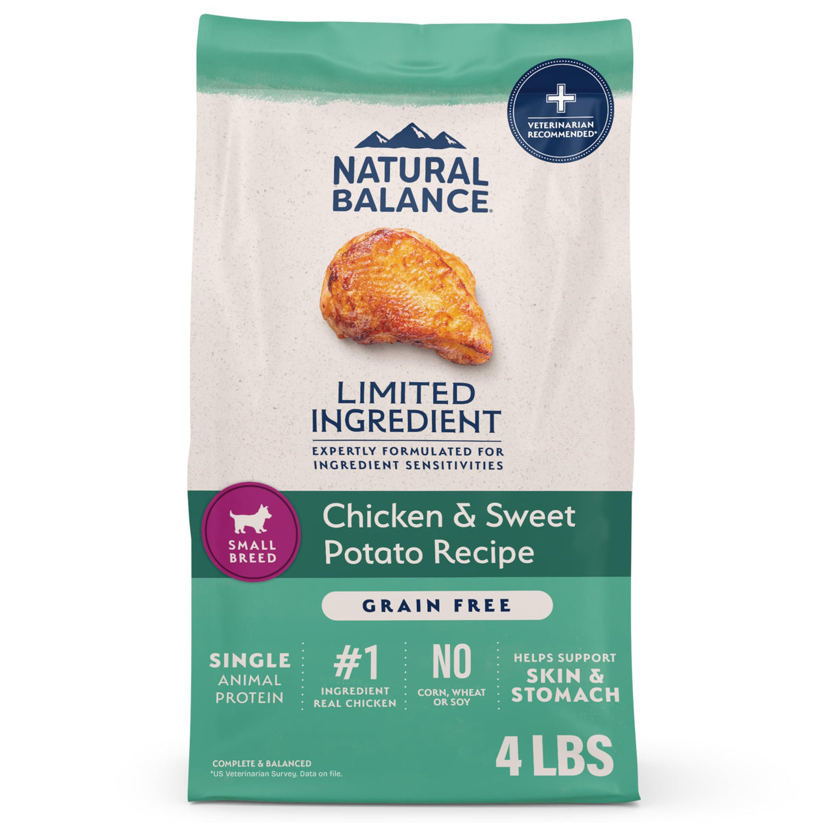 natural balance front packaging 4 lb bag showing product benefits