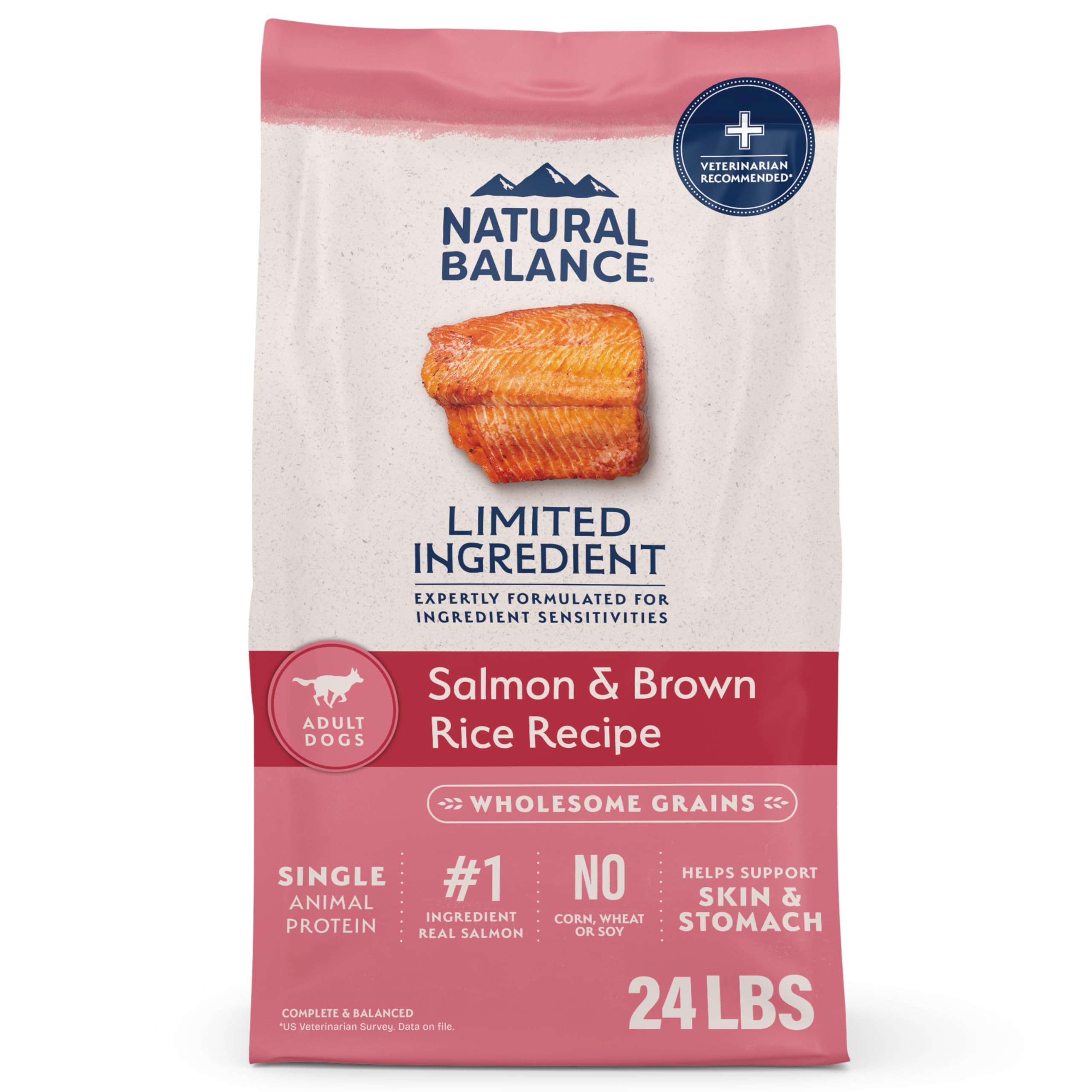 Natural Balance front of bag showing salmon and brown rice benefits